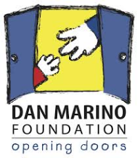 Logo of the Dan Marino Foundation featuring a yellow doorway with a large white hand reaching toward a smaller red-sleeved hand. The door panels are blue, and the text below reads “Dan Marino Foundation – opening doors.”